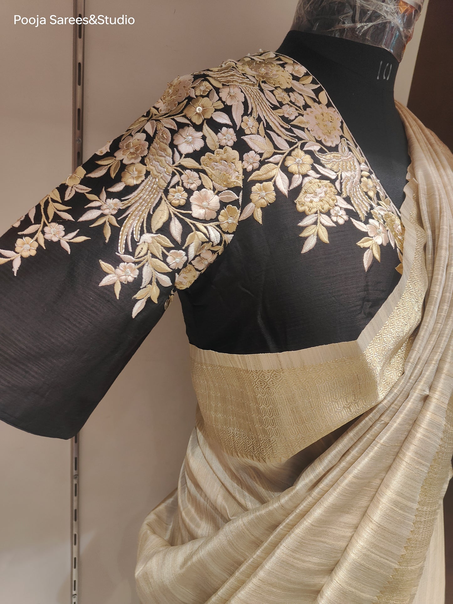 AARSAA Beige Plain Bhagalpuri Silk Saree with Readymade Threadwork Angrakha Style Blouse