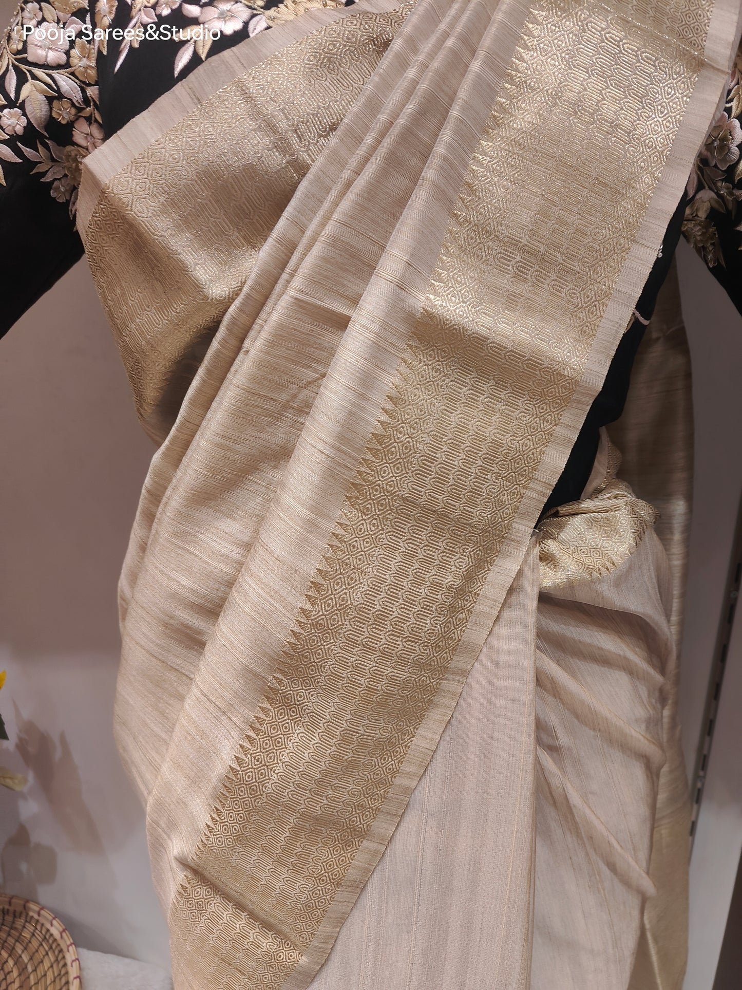 AARSAA Beige Plain Bhagalpuri Silk Saree with Readymade Threadwork Angrakha Style Blouse