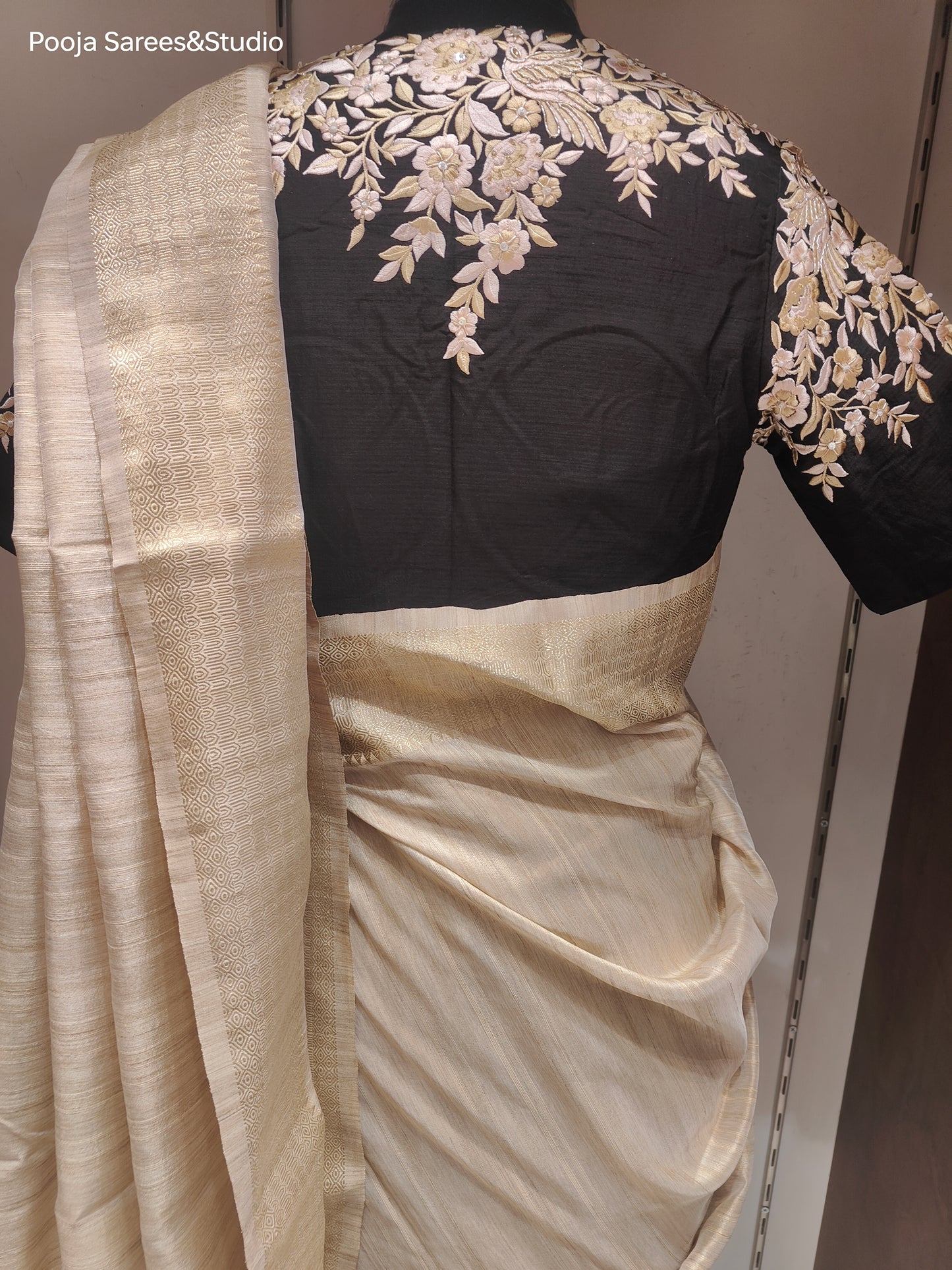 AARSAA Beige Plain Bhagalpuri Silk Saree with Readymade Threadwork Angrakha Style Blouse