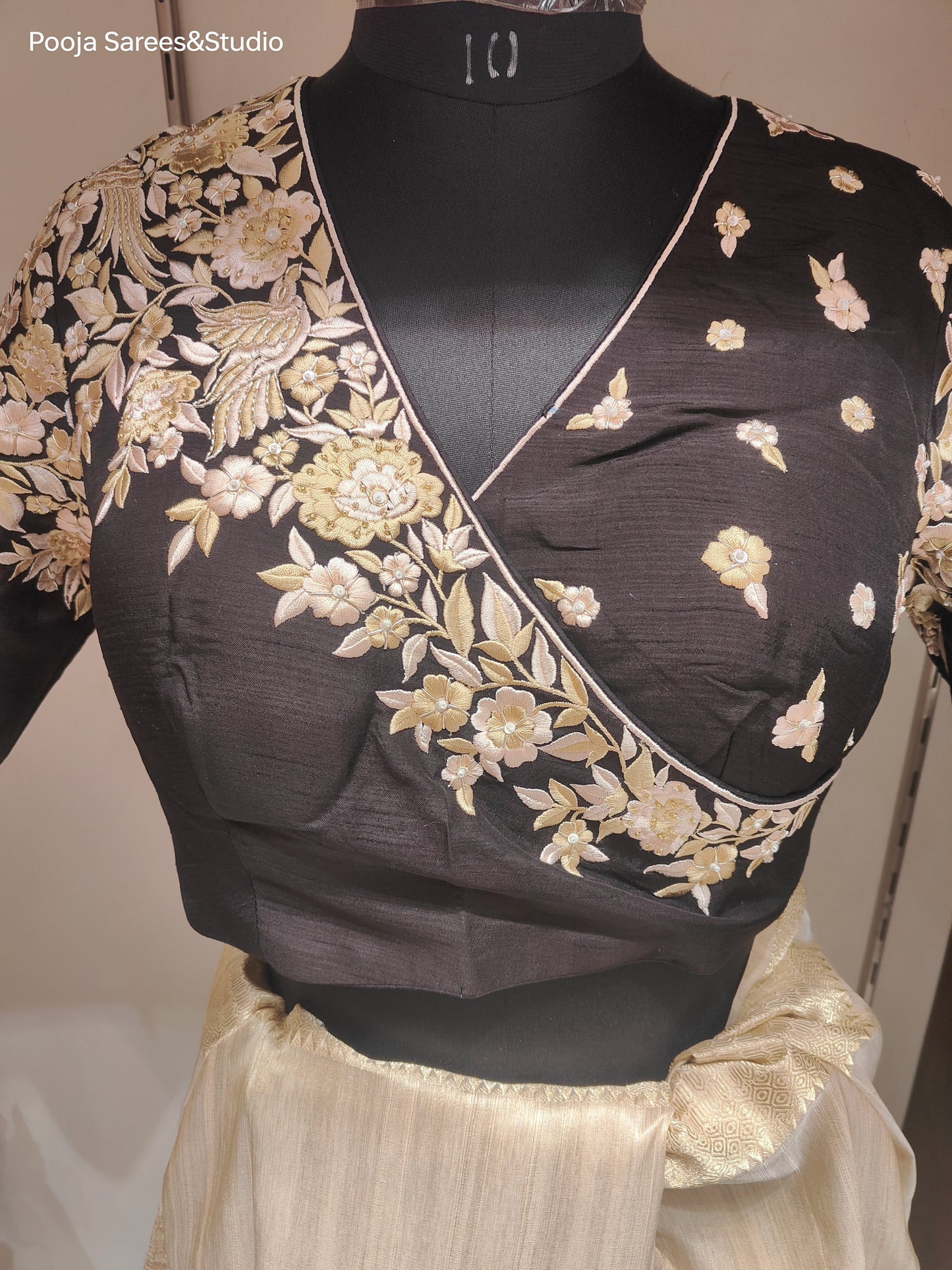 AARSAA Beige Plain Bhagalpuri Silk Saree with Readymade Threadwork Angrakha Style Blouse