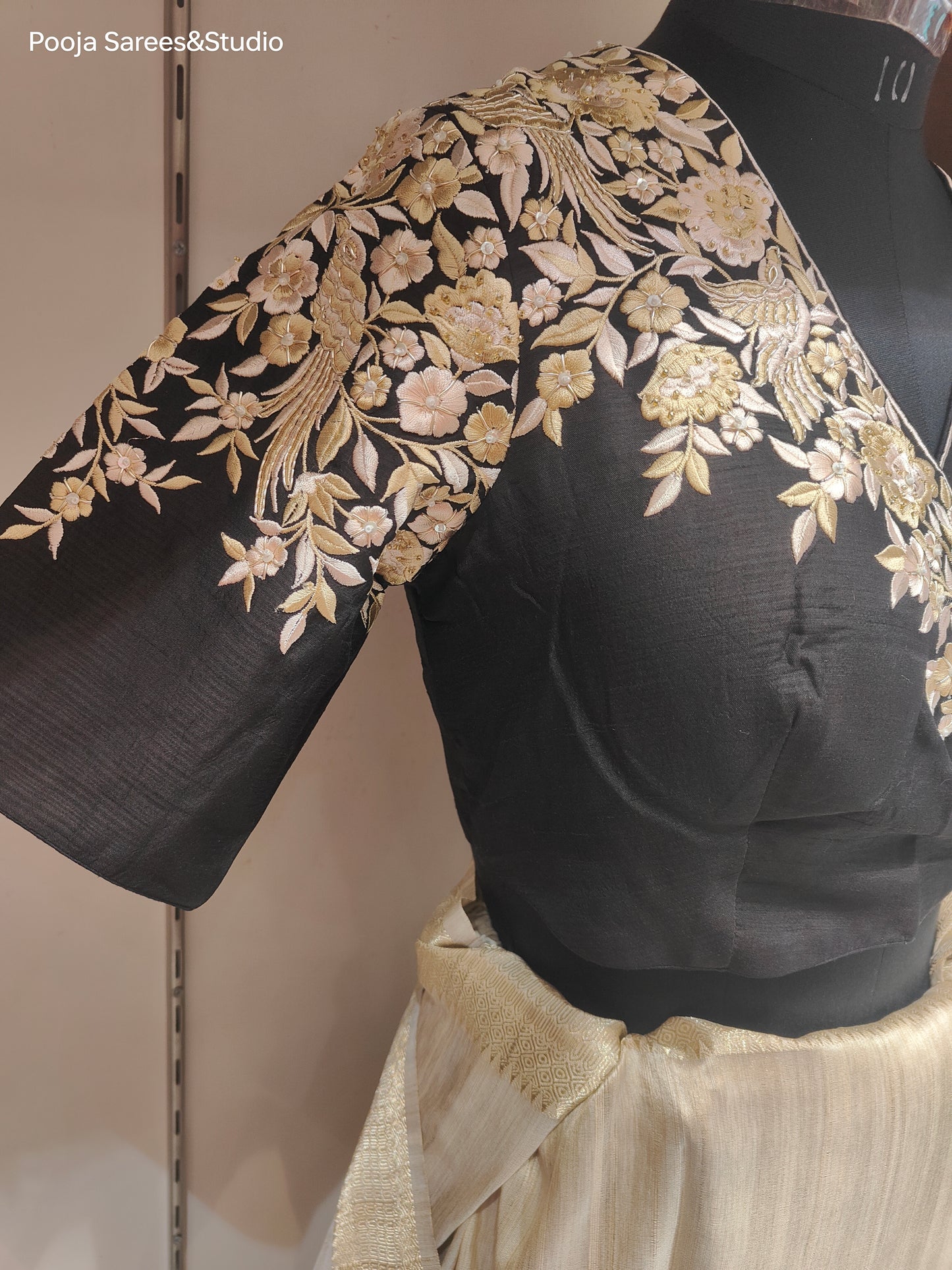 AARSAA Beige Plain Bhagalpuri Silk Saree with Readymade Threadwork Angrakha Style Blouse