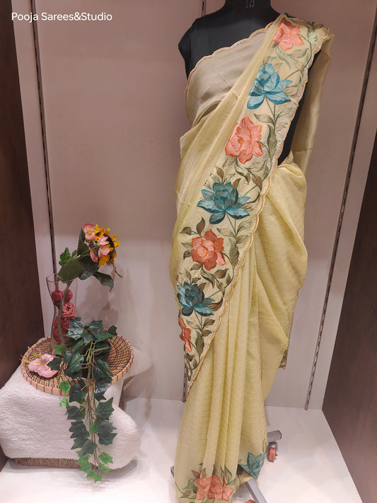 AARSAA Yellow Tissue Silk Threadwork Flower Motif Border With Unstitched Plain Silk Blouse