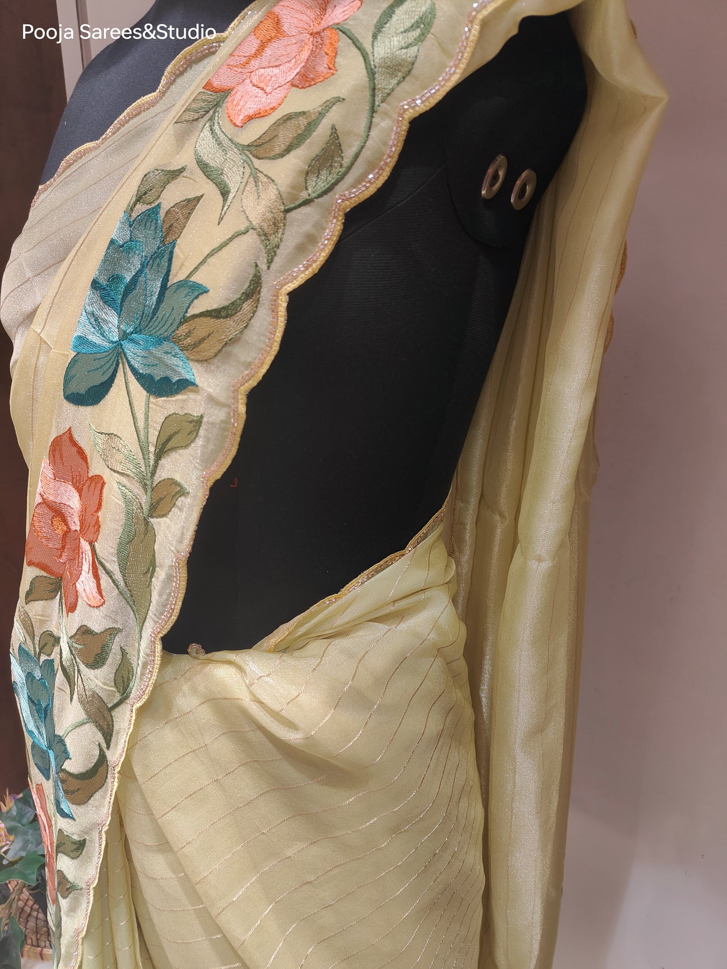 AARSAA Yellow Tissue Silk Threadwork Flower Motif Border With Unstitched Plain Silk Blouse