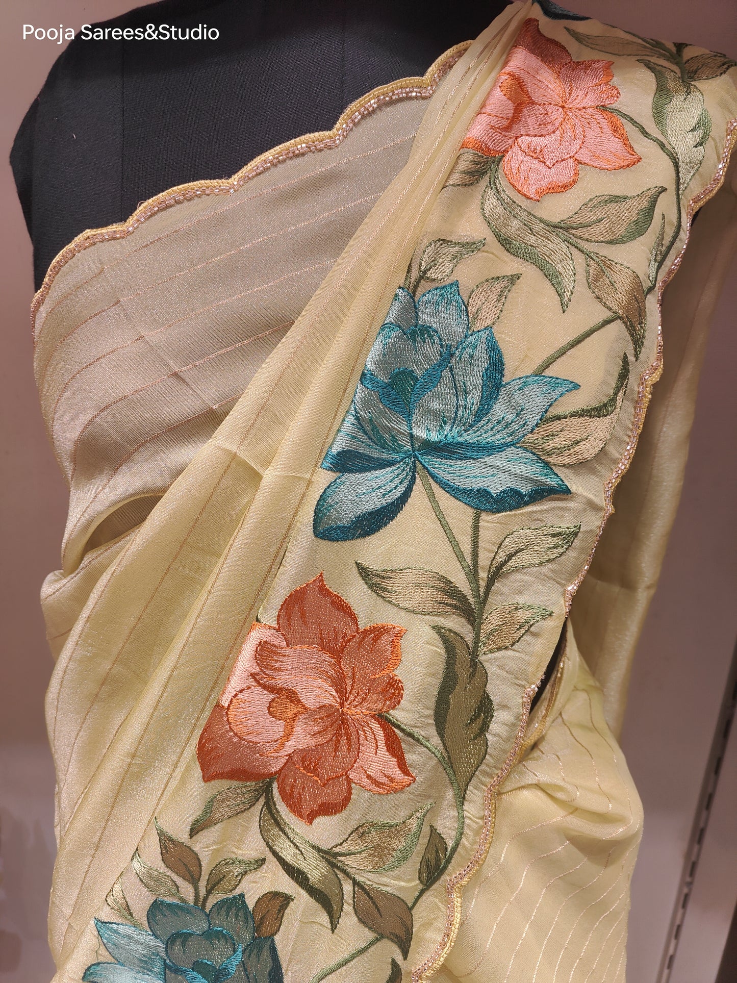 AARSAA Yellow Tissue Silk Threadwork Flower Motif Border With Unstitched Plain Silk Blouse