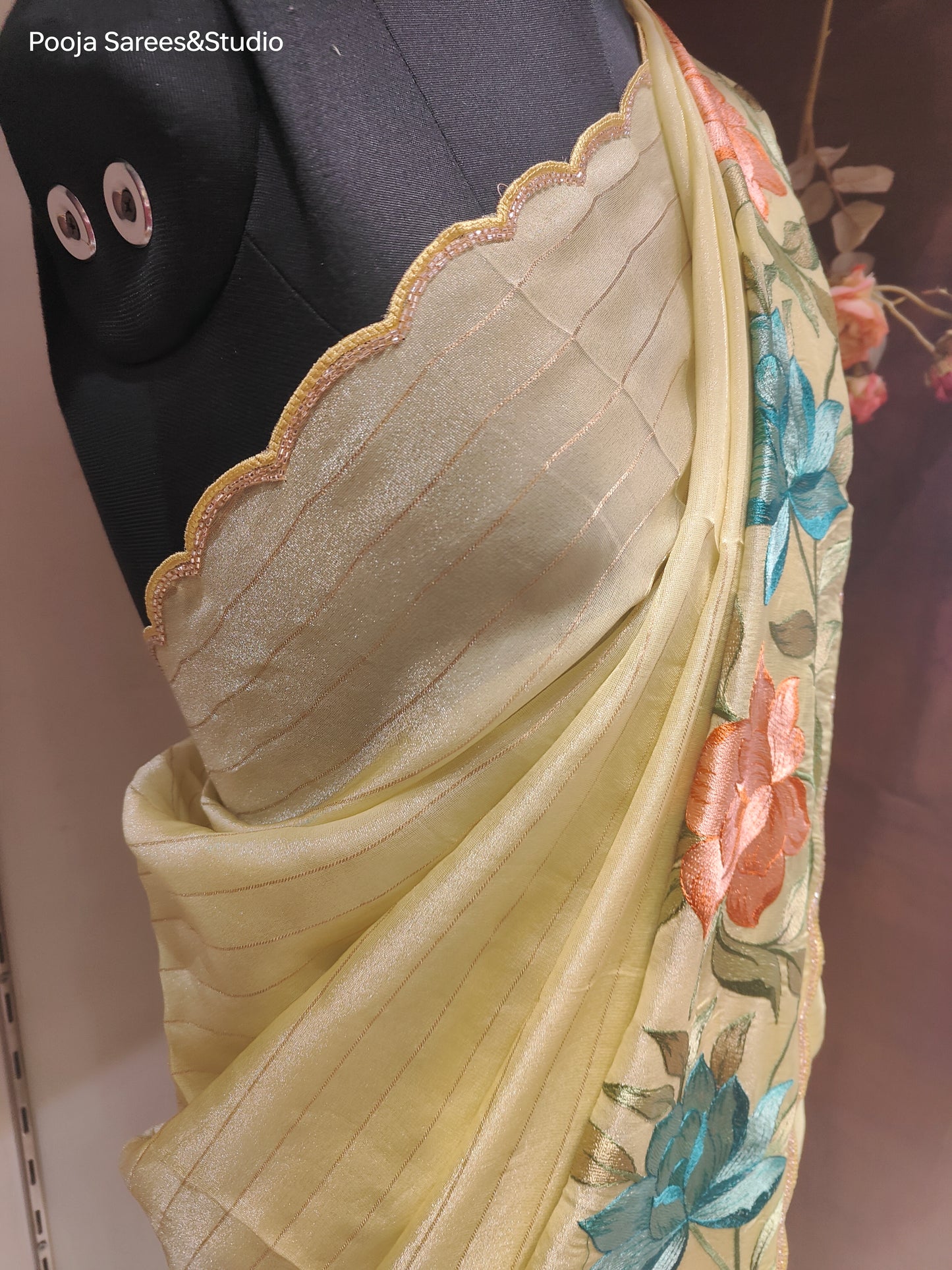 AARSAA Yellow Tissue Silk Threadwork Flower Motif Border With Unstitched Plain Silk Blouse