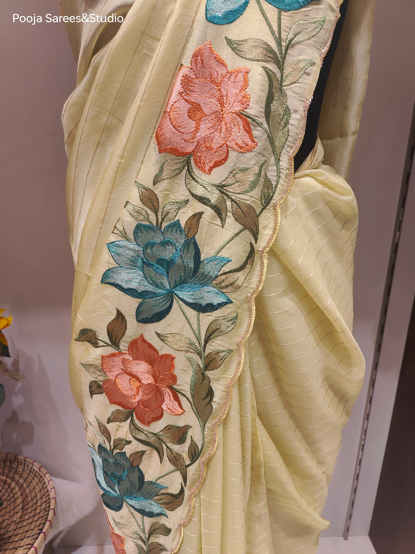 AARSAA Yellow Tissue Silk Threadwork Flower Motif Border With Unstitched Plain Silk Blouse