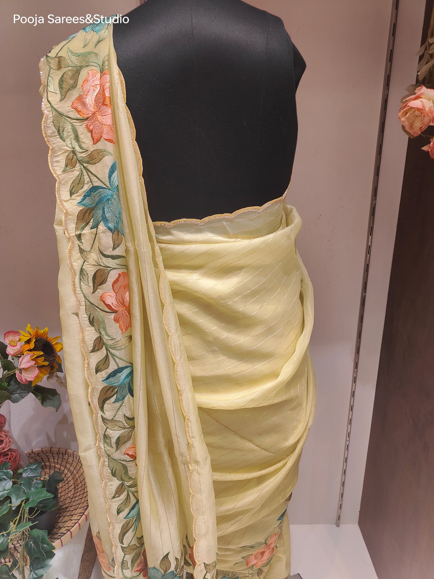 AARSAA Yellow Tissue Silk Threadwork Flower Motif Border With Unstitched Plain Silk Blouse