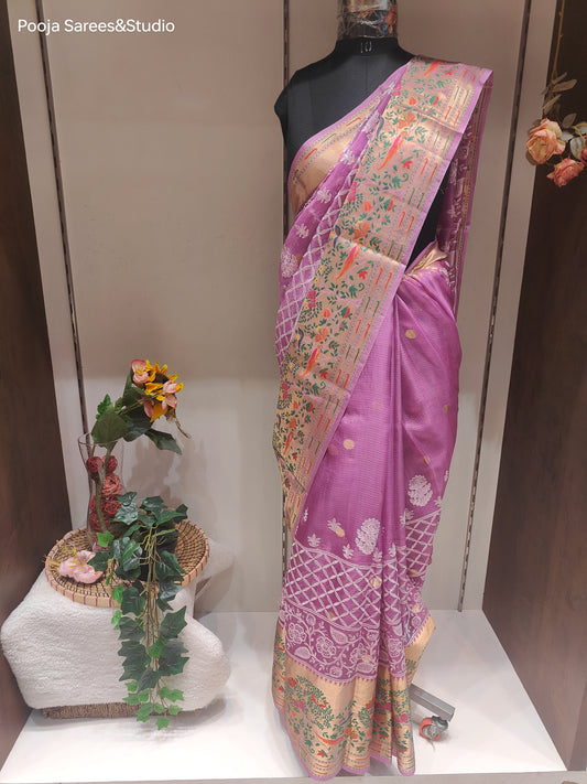 AARSAA Pink Pure Kota Doria Sarees with Paithani Border and Pallu