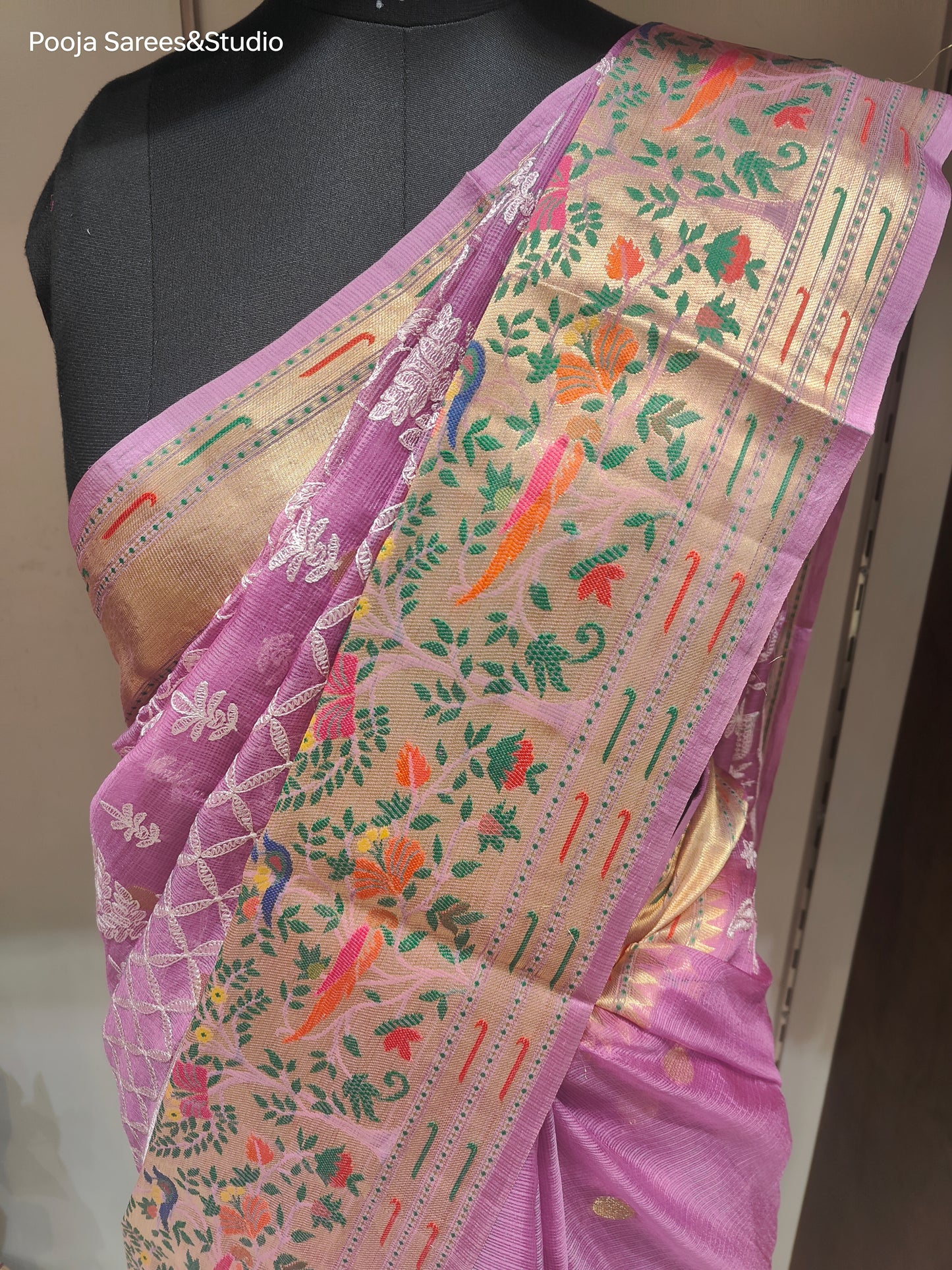 AARSAA Pink Pure Kota Doria Sarees with Paithani Border and Pallu