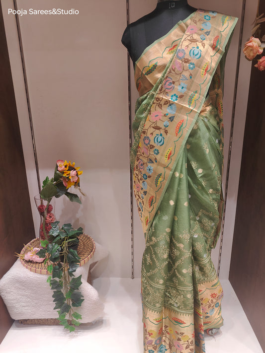 AARSAA Green Pure Kota Doria Sarees with Paithani Border and Pallu