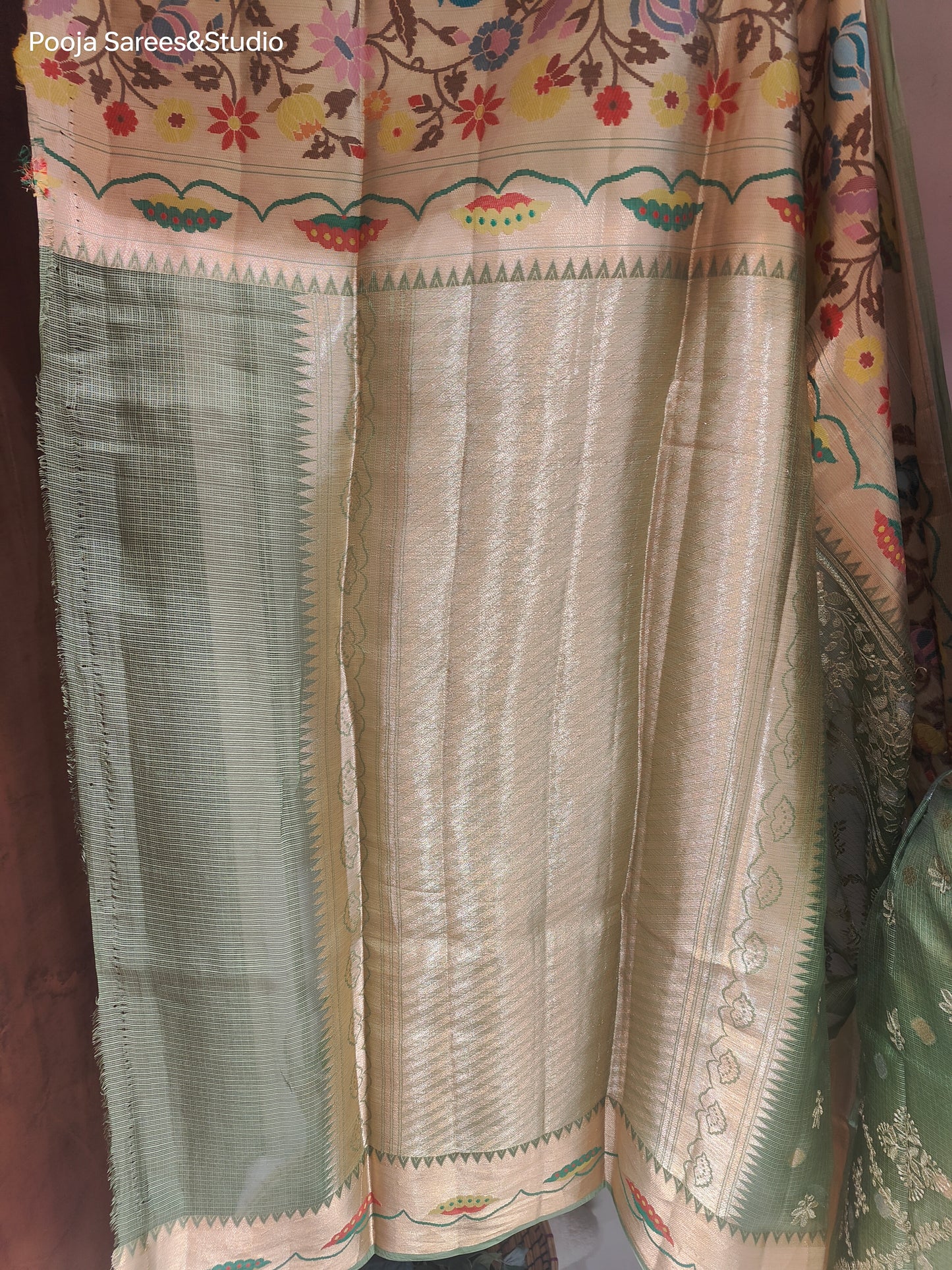 AARSAA Green Pure Kota Doria Sarees with Paithani Border and Pallu