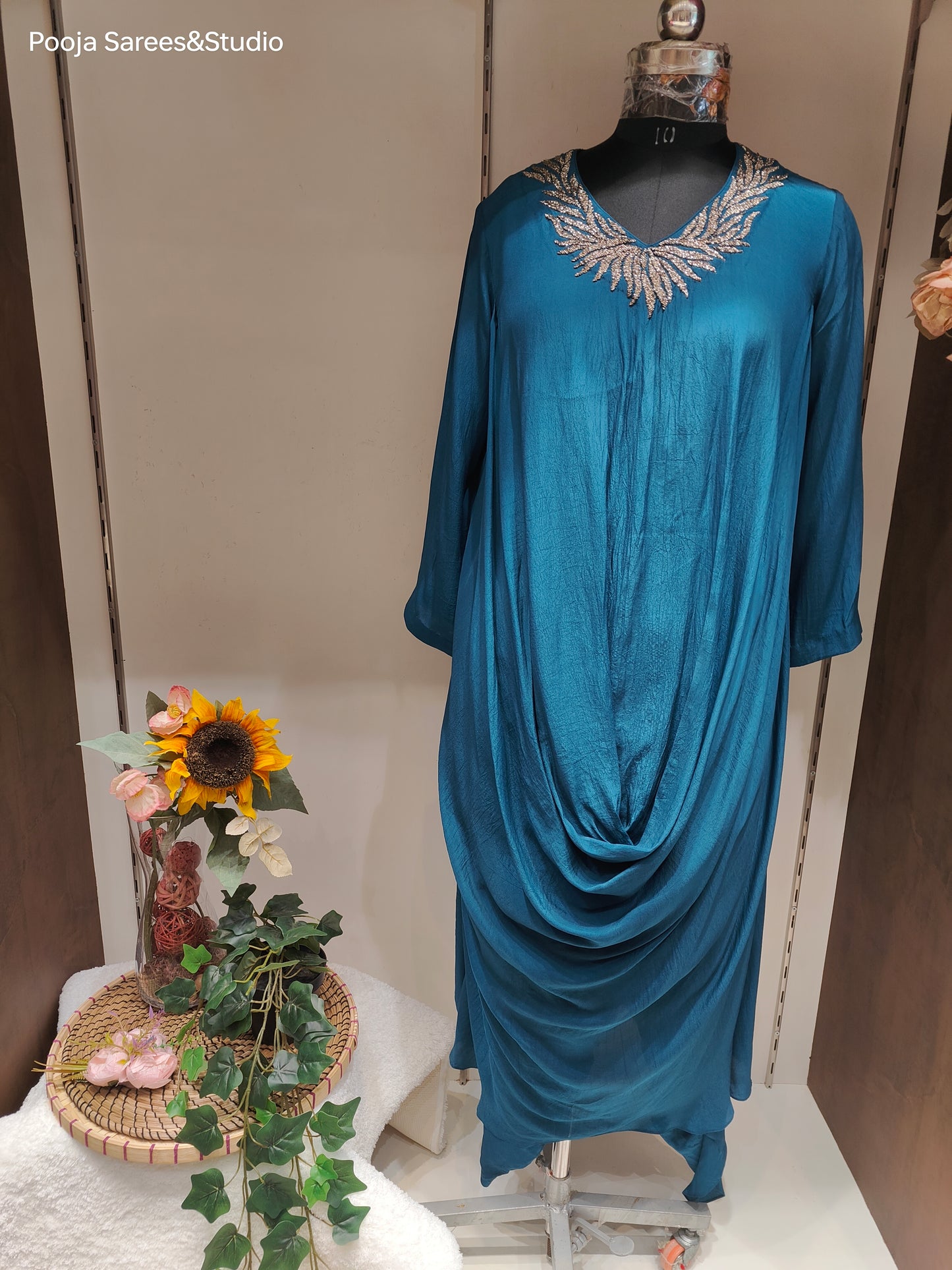 AARSAA Blue Crepe Katdana Work Neck Cowl Dress