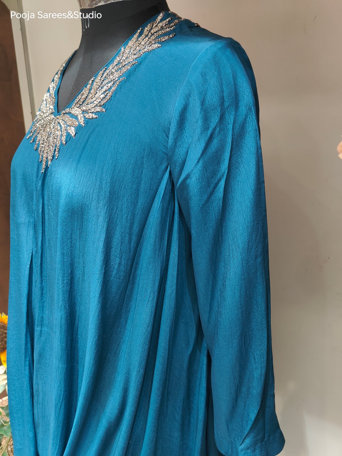 AARSAA Blue Crepe Katdana Work Neck Cowl Dress