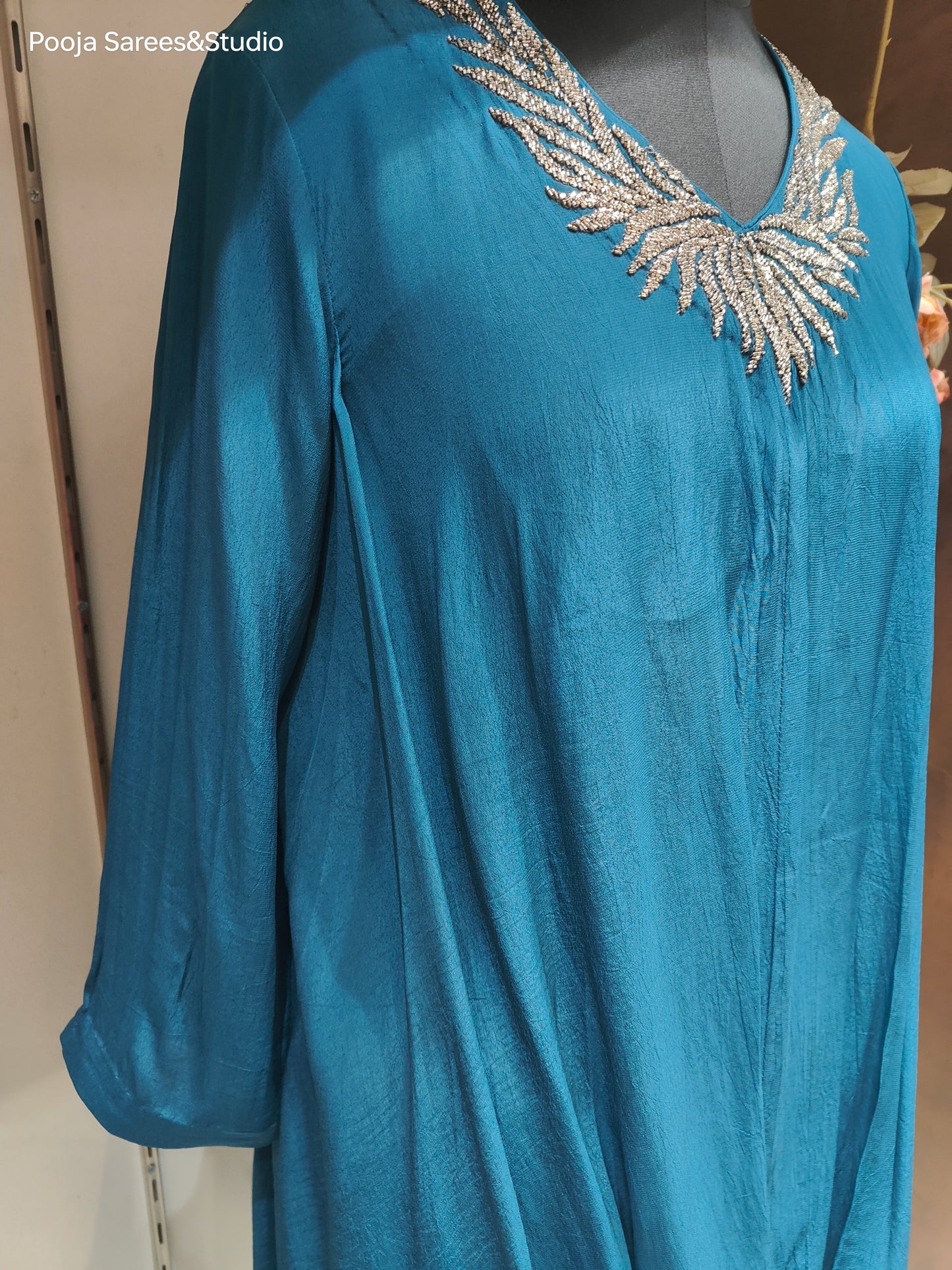 AARSAA Blue Crepe Katdana Work Neck Cowl Dress