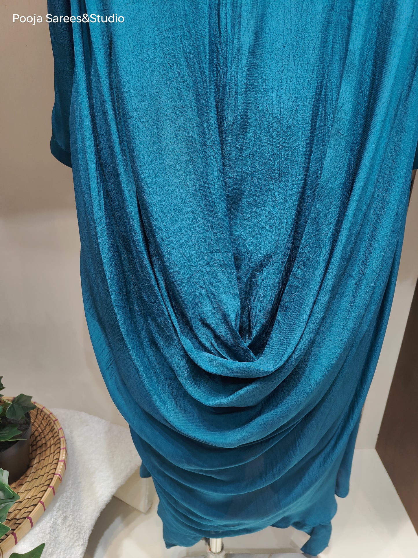 AARSAA Blue Crepe Katdana Work Neck Cowl Dress