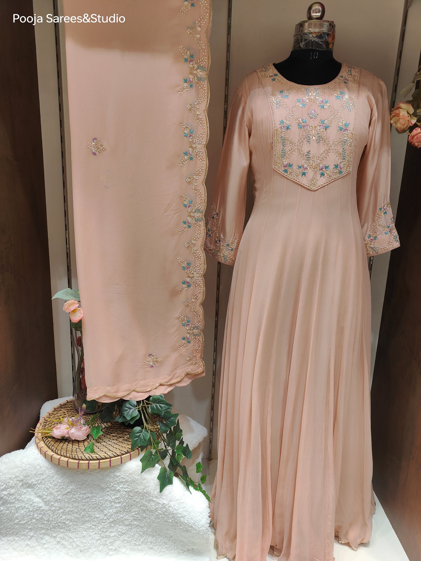 AARSAA Peach Georgette Gota Threadwork Flared Kali Gown with Work Dupatta