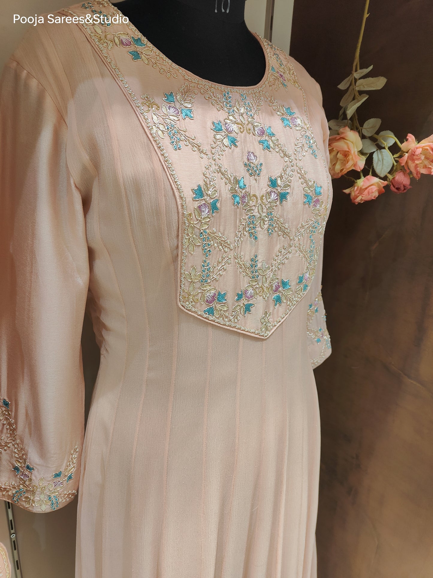 AARSAA Peach Georgette Gota Threadwork Flared Kali Gown with Work Dupatta