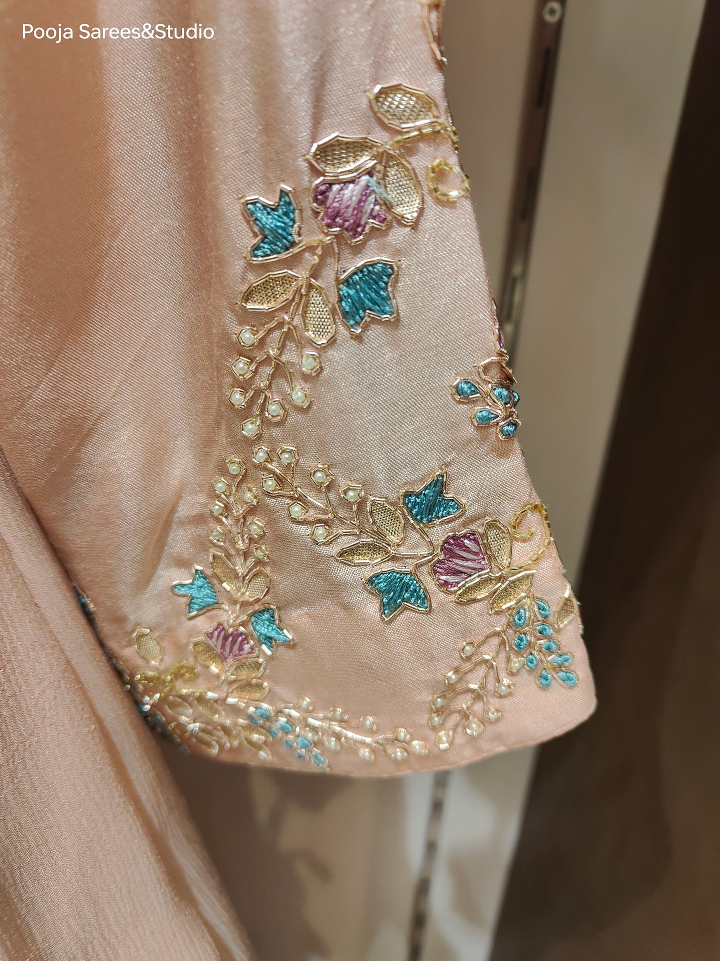 AARSAA Peach Georgette Gota Threadwork Flared Kali Gown with Work Dupatta