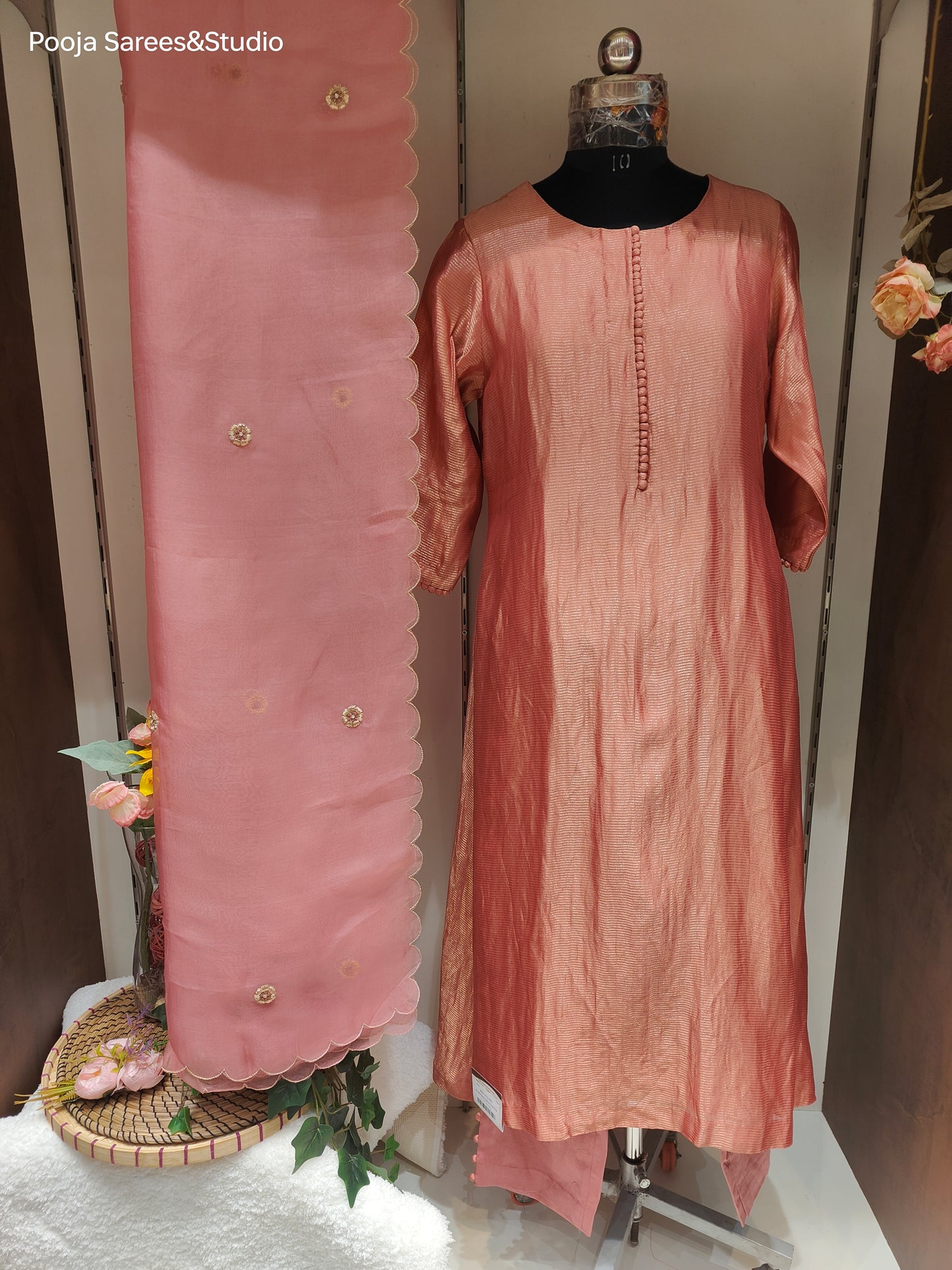 AARSAA Rust Tissue Anarkali Dress With Work Dupatta