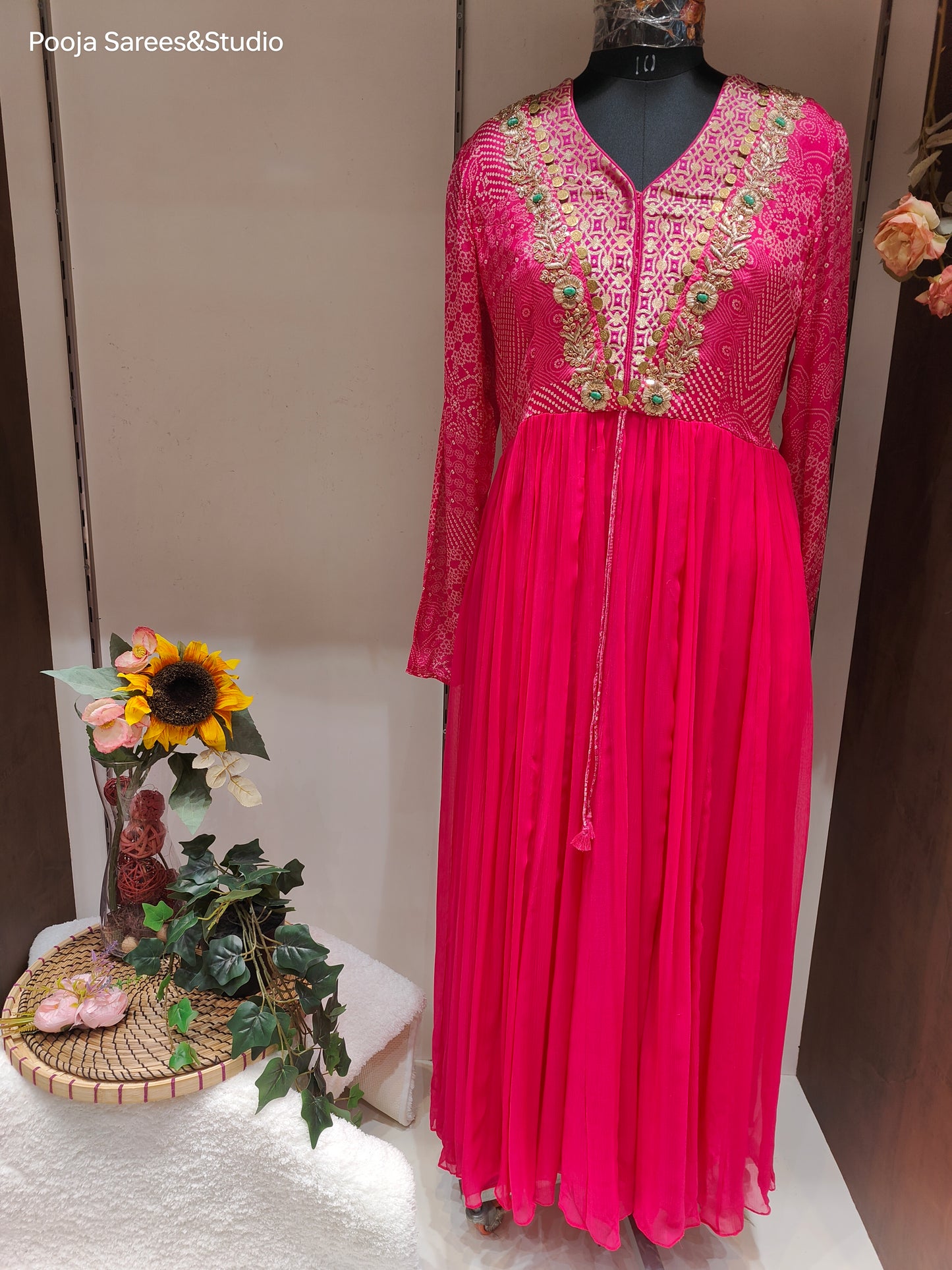 AARSAA Fuschia Bandhani Crepe Work Gown