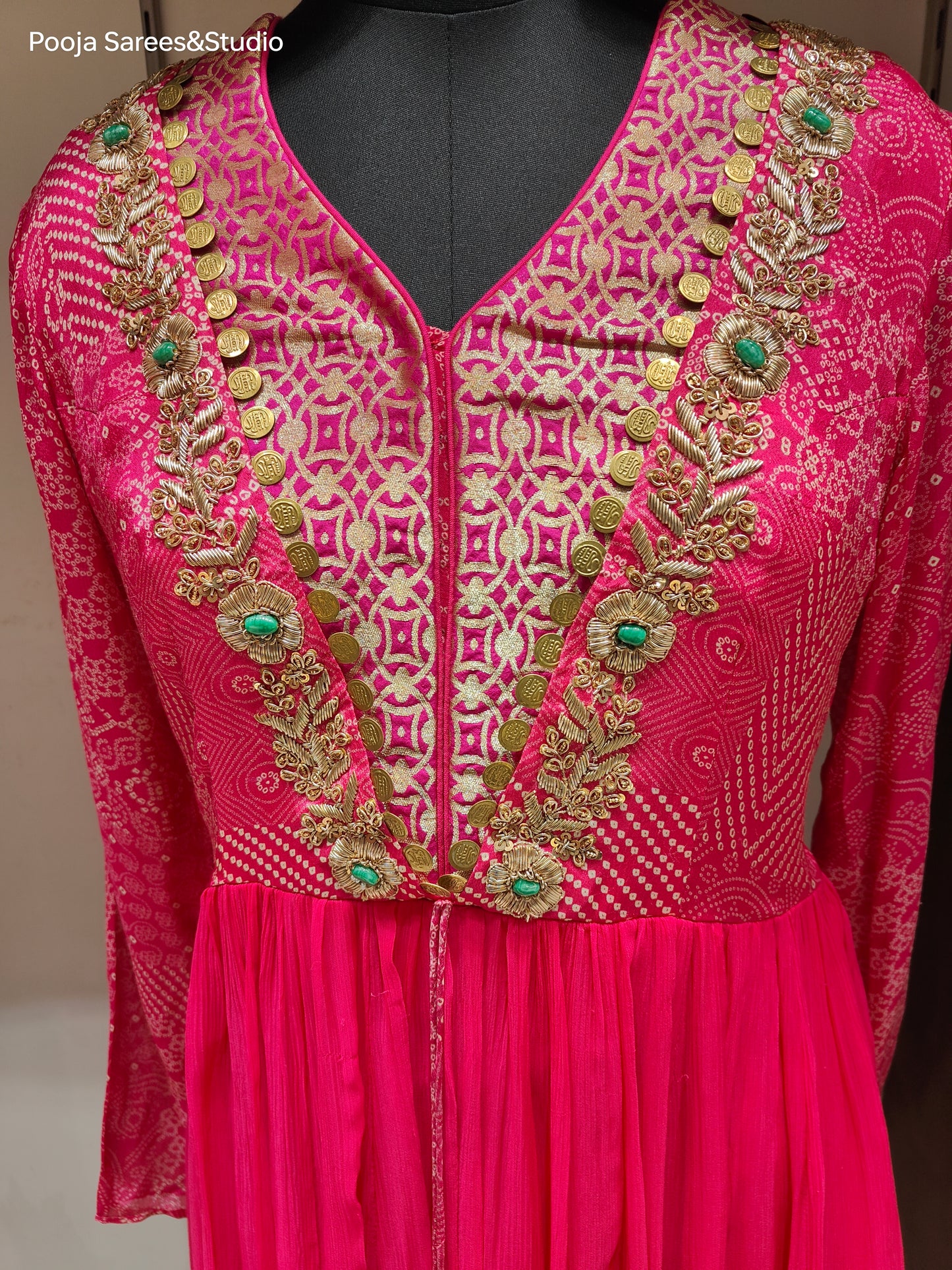 AARSAA Fuschia Bandhani Crepe Work Gown