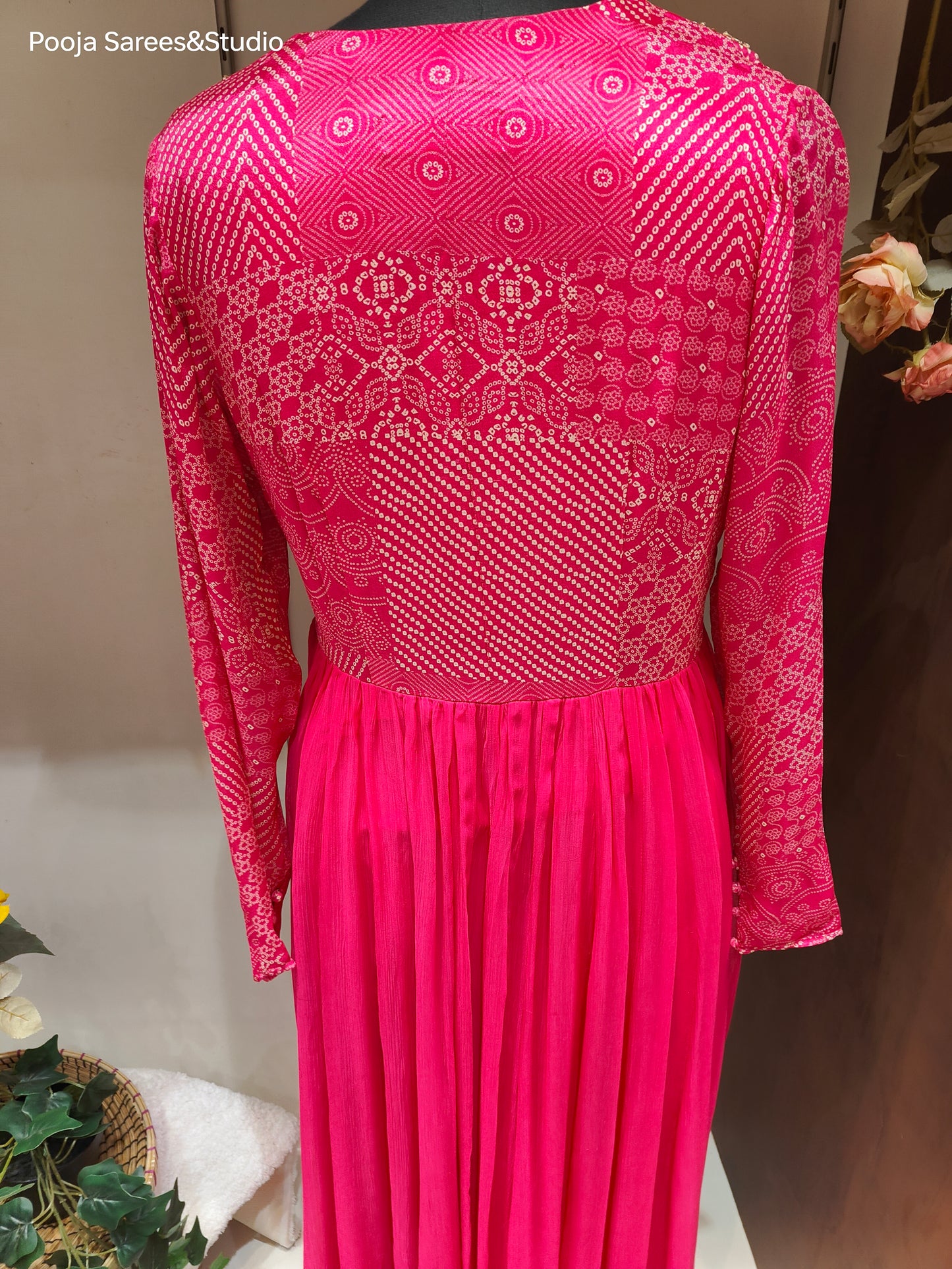 AARSAA Fuschia Bandhani Crepe Work Gown