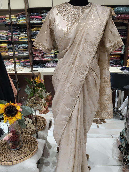 AARSAA cream silk weaving saree with readymade blouse