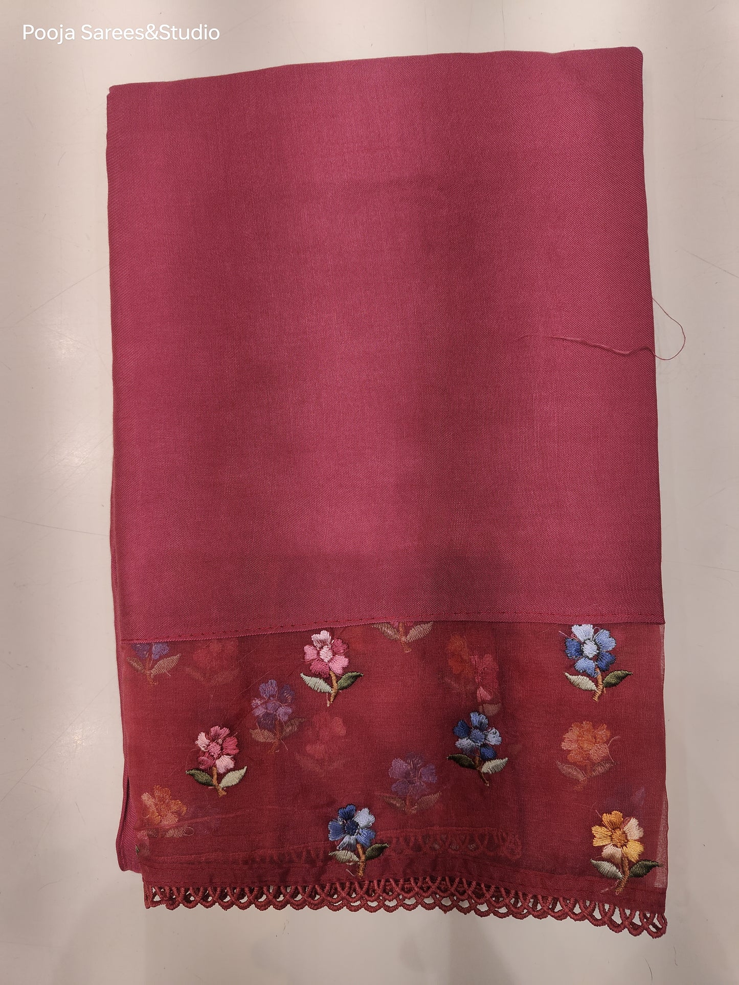 AARSAA Maroon Self Printed V neck work Unstitched Kurta with Threadwork Flower Motif Dupatta and Pant with Work